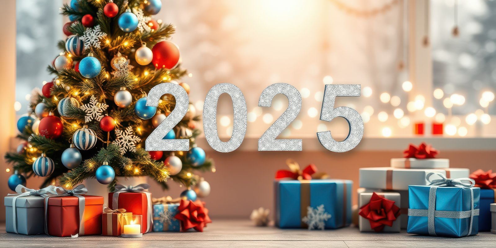 Festive Christmas tree and sparkling decorations with presents for the year 2025 in a cozy interior setting